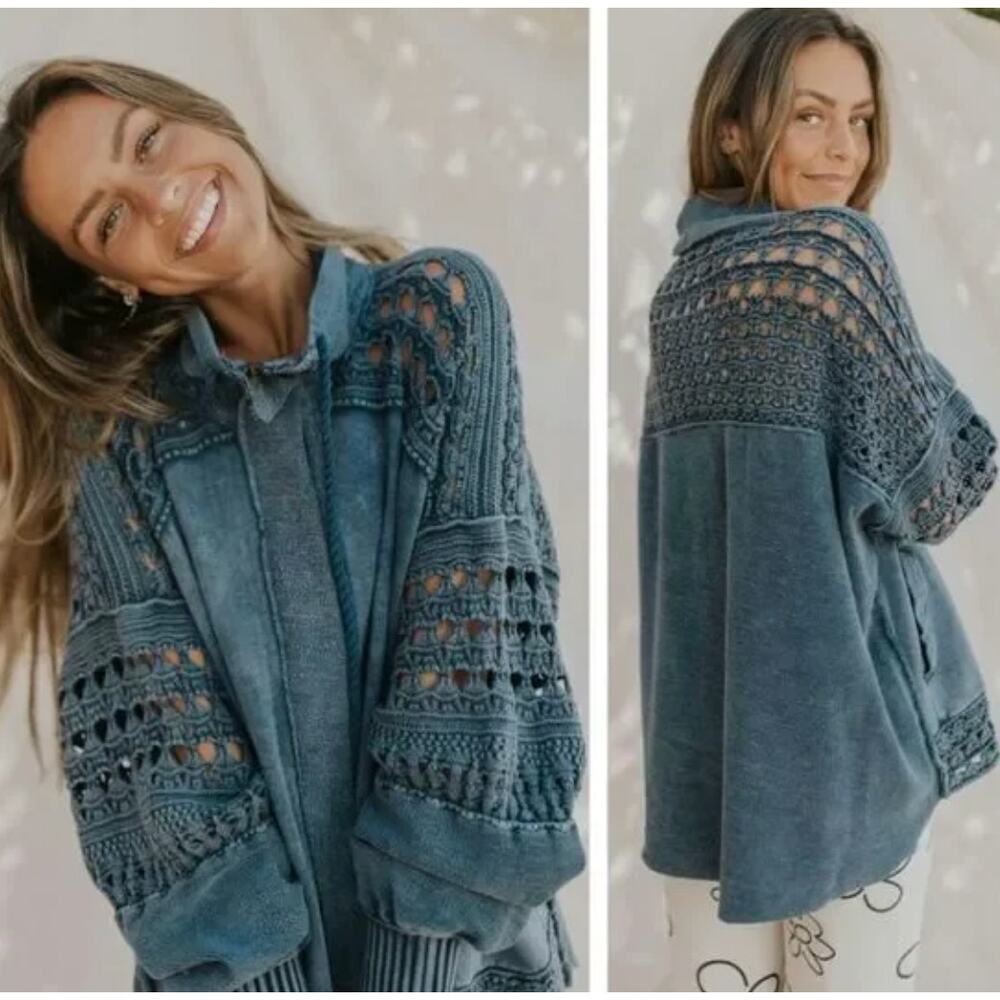 Free People Charcoal Gray Openwork Knit Zip-Front Jacket - Picture 3 of 6